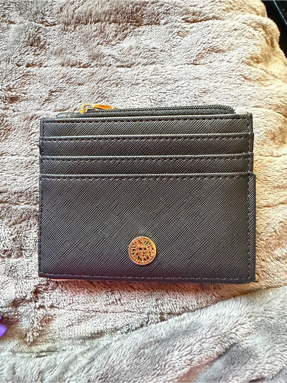 Anne Klein Black Saffiano Card & Key Holder with Gold Medallion Accent